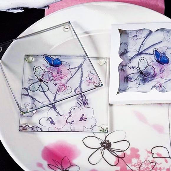 Hand Painted Botanical Butterfly Coaster Set Nwt - Picture 3 of 8